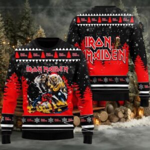 Iron Maiden Eddie The Number Of the Beast With Santa Hat Into The Snowy Night Signature Knitted Ugly Christmas Sweater