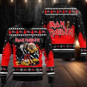 Iron Maiden Eddie The Number Of the Beast With Santa Hat Into The Snowy Night Signature Knitted Ugly Christmas Sweater