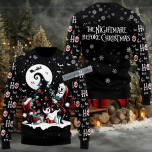 Jack Skellington Christmas Tree Ho Ho Ho Ugly Christmas Sweater Black