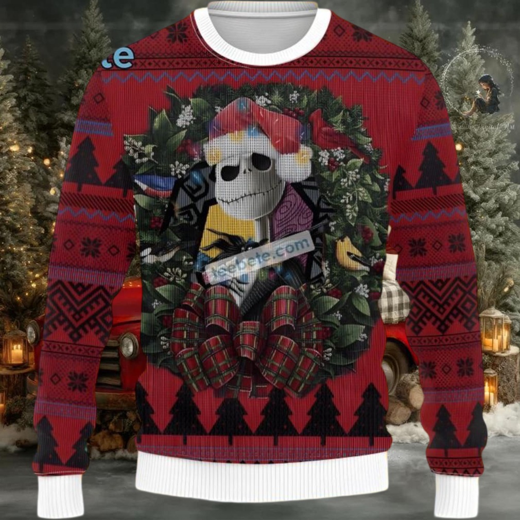Jack Skellington Christmas Wreath Ugly Christmas Sweater Family Red Jack Skellington Christmas Wreath Ugly Christmas Sweater Family Red