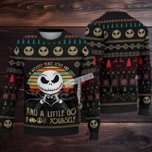 Jack Skellington Mostly Peace Love Light Ugly Christmas Sweater Cool Black