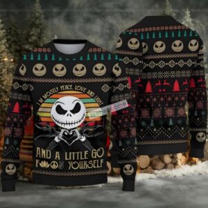 Jack Skellington Mostly Peace Love Light Ugly Christmas Sweater Cool Black