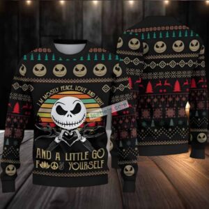 Jack Skellington Mostly Peace Love Light Ugly Christmas Sweater Cool Black