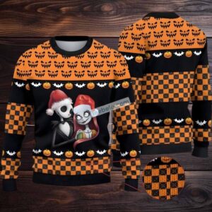 Jack Skellington Sally Pumpkin Ugly Christmas Sweater Friends Black Orange