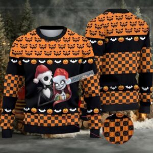 Jack Skellington Sally Pumpkin Ugly Christmas Sweater Friends Black Orange