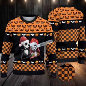 Jack Skellington Sally Pumpkin Ugly Christmas Sweater Friends Black Orange