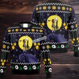 Jack Skellington Sally Pumpkin Ugly Christmas Sweater Purple Black