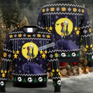 Jack Skellington Sally Pumpkin Ugly Christmas Sweater Purple Black