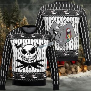 Jack Skellington Sally Ugly Christmas Sweatshirt Womens Black White