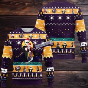 Jack Skellington Santa And Sally Ugly Christmas Sweater Family Purple