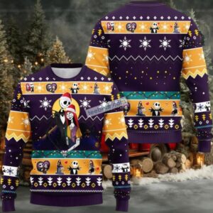 Jack Skellington Santa And Sally Ugly Christmas Sweater Family Purple