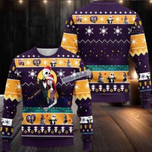 Jack Skellington Santa And Sally Ugly Christmas Sweater Family Purple