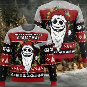 Jack Skellington Santa Christmas Wreath Ugly Christmas Sweater Cheap Red Black