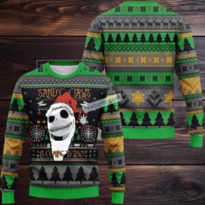 Jack Skellington Santa Sandy Claws Ugly Christmas Sweater On Sale Black
