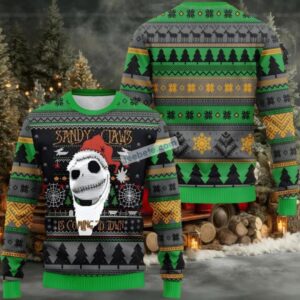 Jack Skellington Santa Sandy Claws Ugly Christmas Sweater On Sale Black