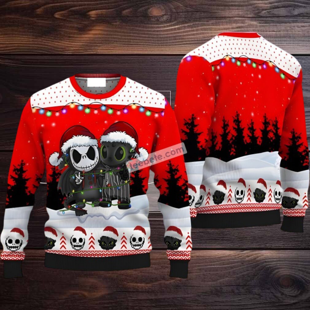 Jack Skellington Santa Toothless Ugly Sweater Naughty Red White Jack Skellington Santa Toothless Ugly Sweater Naughty Red White