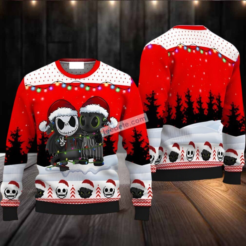 Jack Skellington Santa Toothless Ugly Sweater Naughty Red White Jack Skellington Santa Toothless Ugly Sweater Naughty Red White