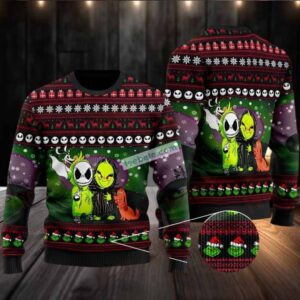 Jack Skellington The Grinch Ugly Christmas Sweater Best Black Green
