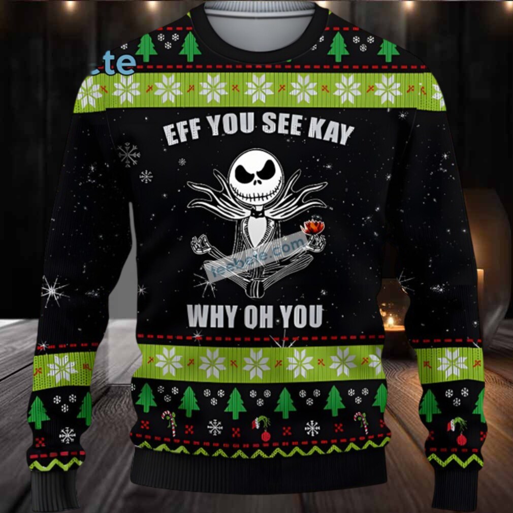 Jack Skellington Ugly Christmas Sweater Eff You See Kay Black Green Jack Skellington Ugly Christmas Sweater Eff You See Kay Black Green
