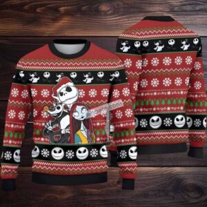 Jack Skellington Zero And Sally Ugly Christmas Sweater Red