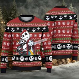 Jack Skellington Zero And Sally Ugly Christmas Sweater Red