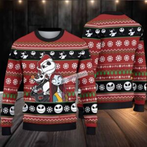 Jack Skellington Zero And Sally Ugly Christmas Sweater Red