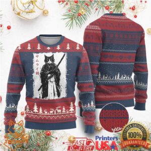 Japanese Samurai Cat Ugly Christmas Sweater Retro Vintage Ukiyo e Warrior Art Graphic