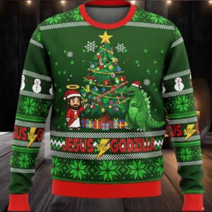 Jesus vs Godzilla Ugly Christmas Sweater