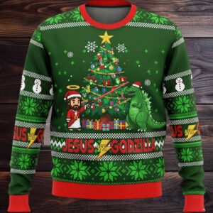 Jesus vs Godzilla Ugly Christmas Sweater