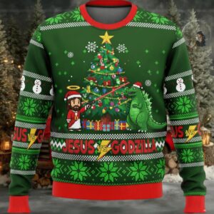 Jesus vs Godzilla Ugly Christmas Sweater