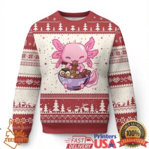 Kawaii Axolotl Eating Ramen Ugly Christmas Sweater Japanese Noodles Lover Anime Otaku Manga