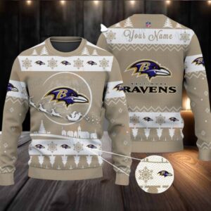 Khaki Baltimore Ravens NFL Ugly Christmas Sweater Name Customized