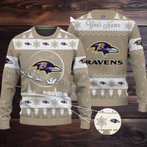 Khaki Baltimore Ravens NFL Ugly Christmas Sweater Name Customized