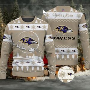 Khaki Baltimore Ravens NFL Ugly Christmas Sweater Name Customized