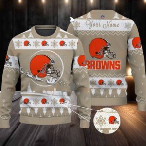 Khaki Cleveland Browns NFL Ugly Christmas Sweater Name Customized