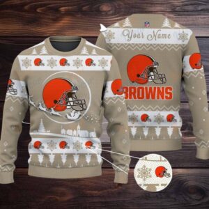 Khaki Cleveland Browns NFL Ugly Christmas Sweater Name Customized