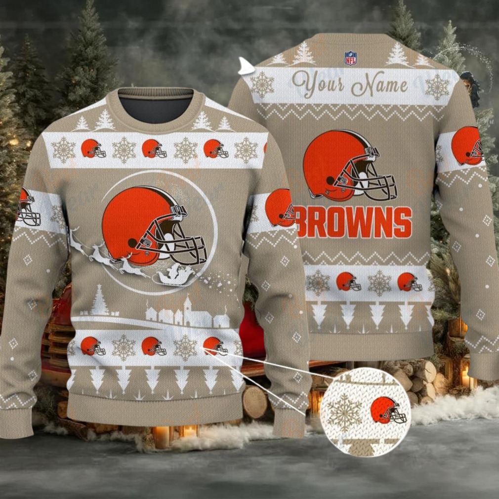 Khaki Cleveland Browns NFL Ugly Christmas Sweater Name Customized Khaki Cleveland Browns NFL Ugly Christmas Sweater Name Customized