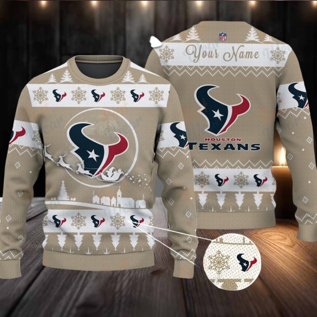 Khaki Houston Texans NFL Ugly Christmas Sweater Name Customized Khaki Houston Texans NFL Ugly Christmas Sweater Name Customized