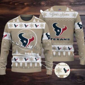Khaki Houston Texans NFL Ugly Christmas Sweater Name Customized