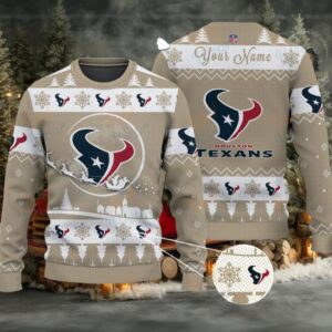 Khaki Houston Texans NFL Ugly Christmas Sweater Name Customized
