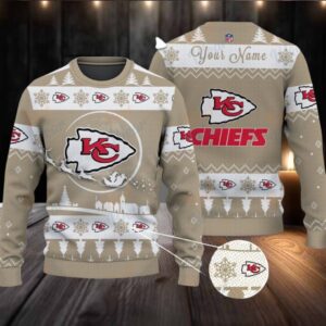 Khaki Kansas City Chiefs NFL Ugly Christmas Sweater Name Customized