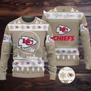 Khaki Kansas City Chiefs NFL Ugly Christmas Sweater Name Customized