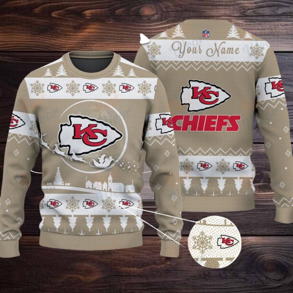 Khaki Kansas City Chiefs NFL Ugly Christmas Sweater Name Customized Khaki Kansas City Chiefs NFL Ugly Christmas Sweater Name Customized