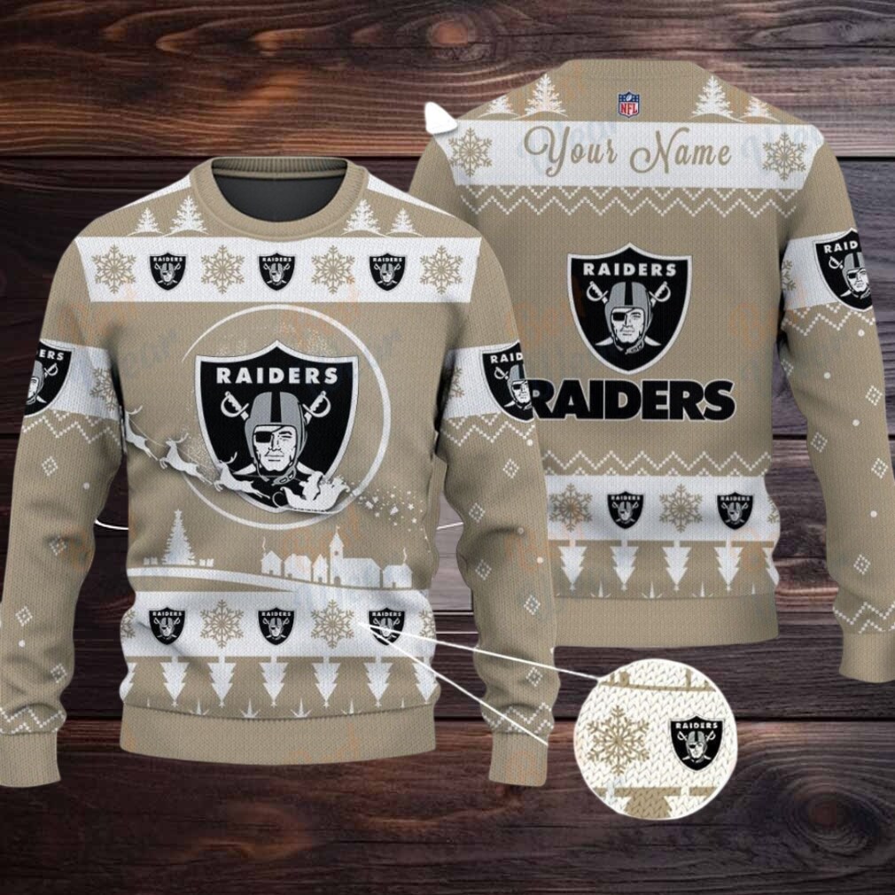 Khaki Las Vegas Raiders NFL Ugly Christmas Sweater Name Customized Khaki Las Vegas Raiders NFL Ugly Christmas Sweater Name Customized