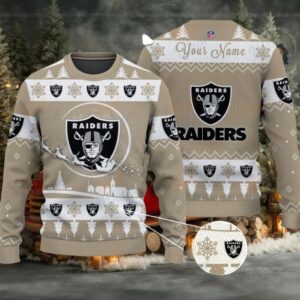 Khaki Las Vegas Raiders NFL Ugly Christmas Sweater Name Customized