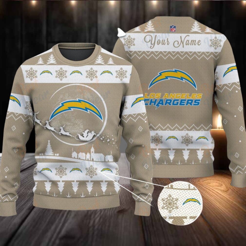 Khaki Los Angeles Chargers NFL Ugly Christmas Sweater Name Customized Khaki Los Angeles Chargers NFL Ugly Christmas Sweater Name Customized