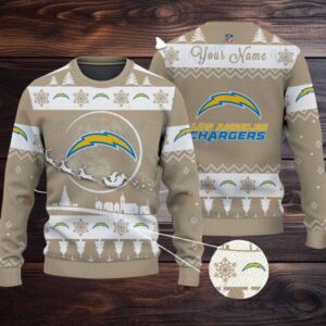 Khaki Los Angeles Chargers NFL Ugly Christmas Sweater Name Customized