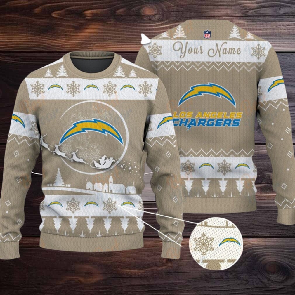 Khaki Los Angeles Chargers NFL Ugly Christmas Sweater Name Customized Khaki Los Angeles Chargers NFL Ugly Christmas Sweater Name Customized