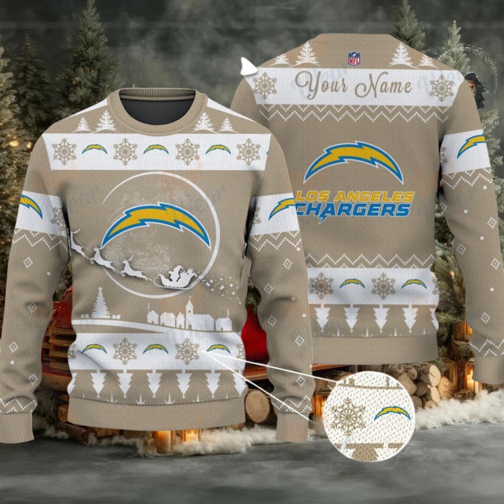 Khaki Los Angeles Chargers NFL Ugly Christmas Sweater Name Customized Khaki Los Angeles Chargers NFL Ugly Christmas Sweater Name Customized