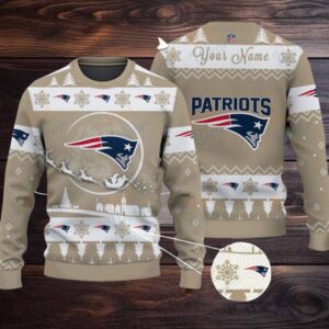 Khaki New England Patriots NFL Ugly Christmas Sweater Name Customized